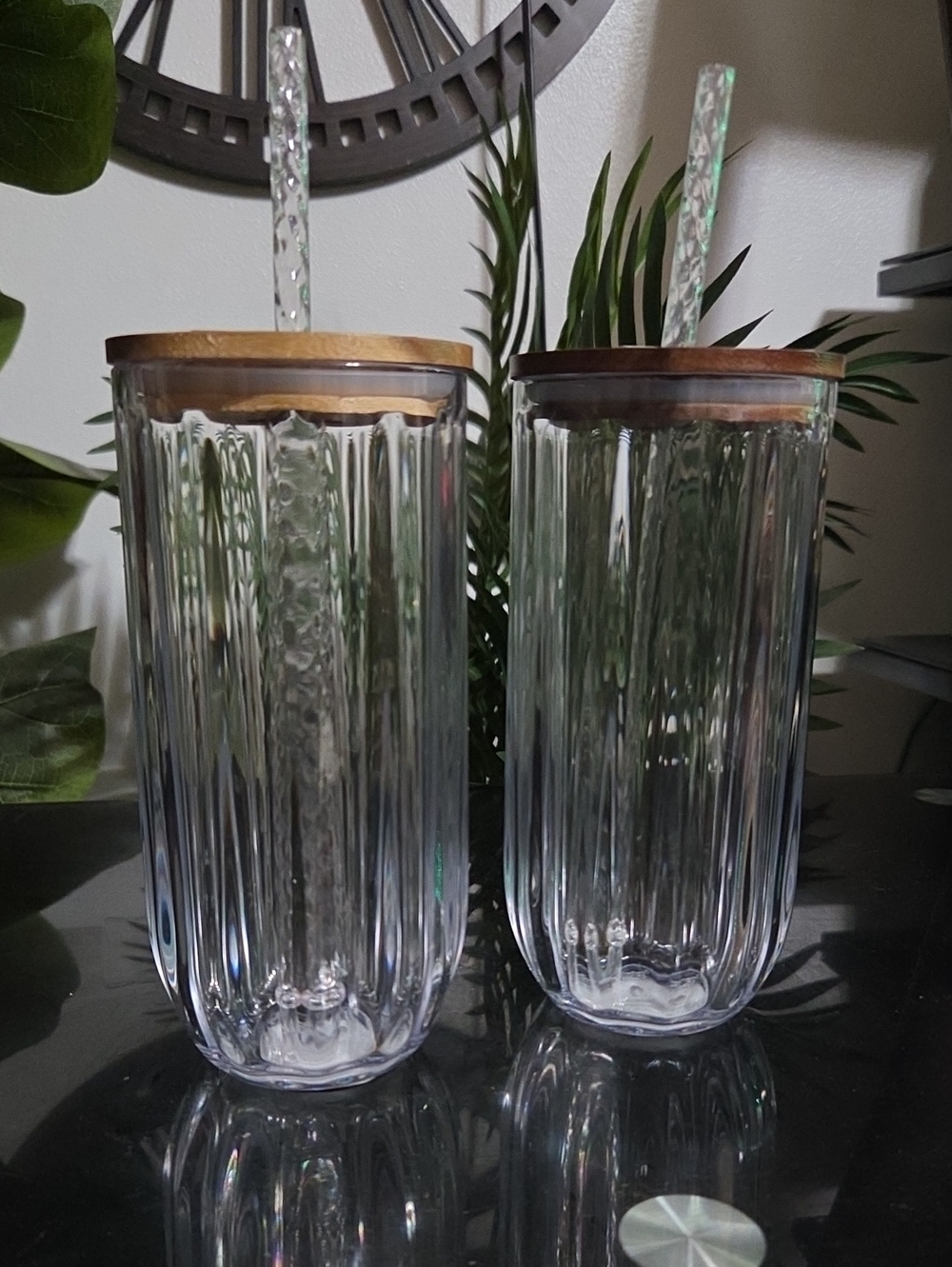 Clear Ribbed Glass Tumbler with Wood Lid and Straw - Set of 2